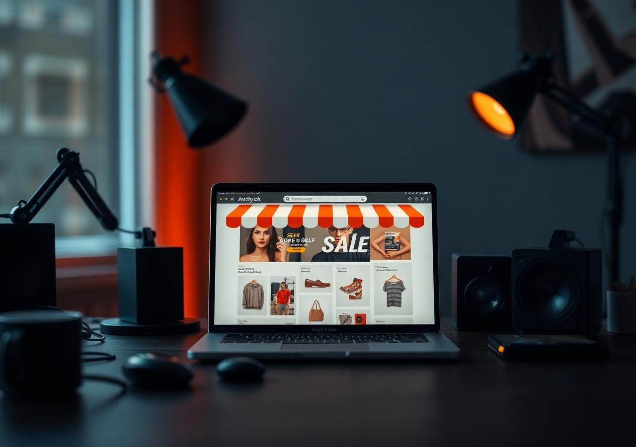 Dotcom Creations studio desk with an e-commerce storefront on screen